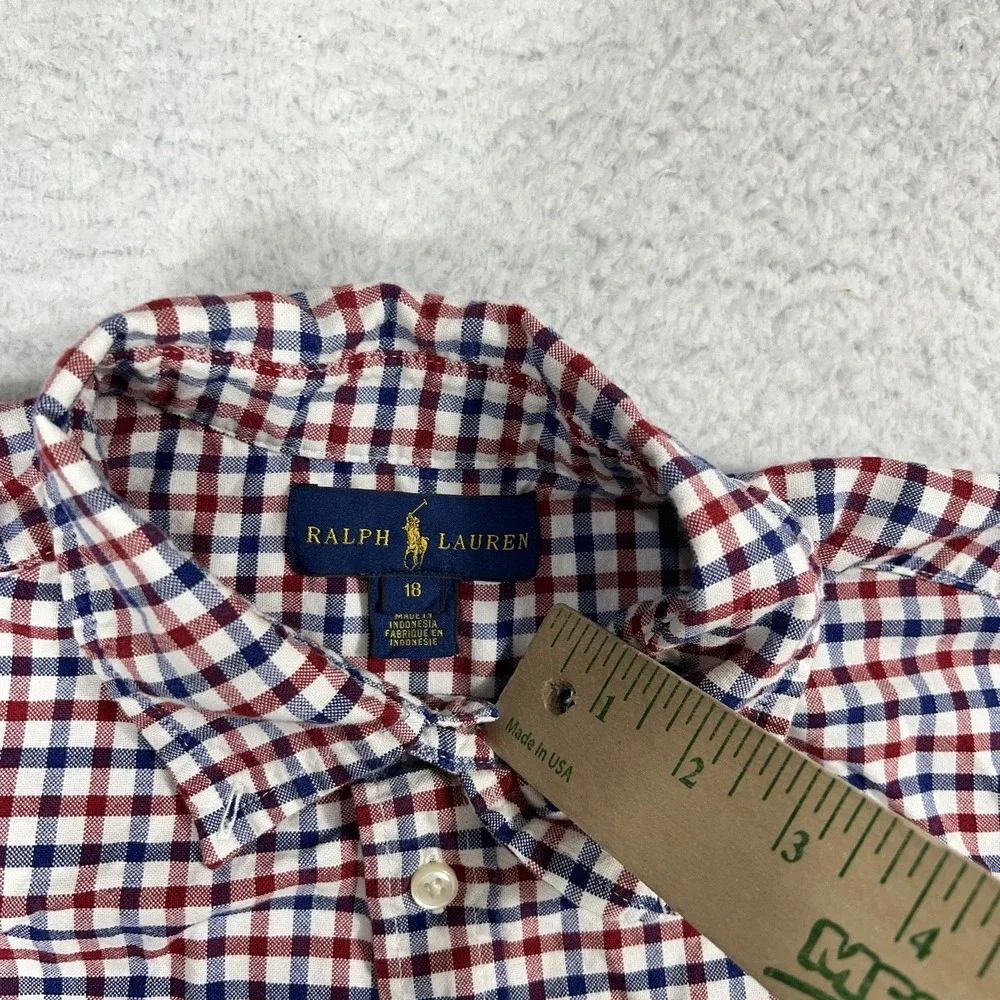 Ralph Lauren Shirt Youth 18 Blue Red Plaid Button Front 100% Cotton